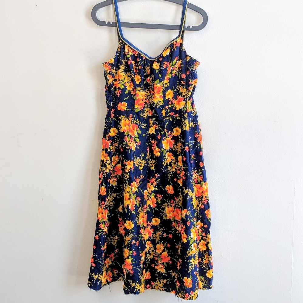 Vintage Midi Navy Orange Floral Summer Dress